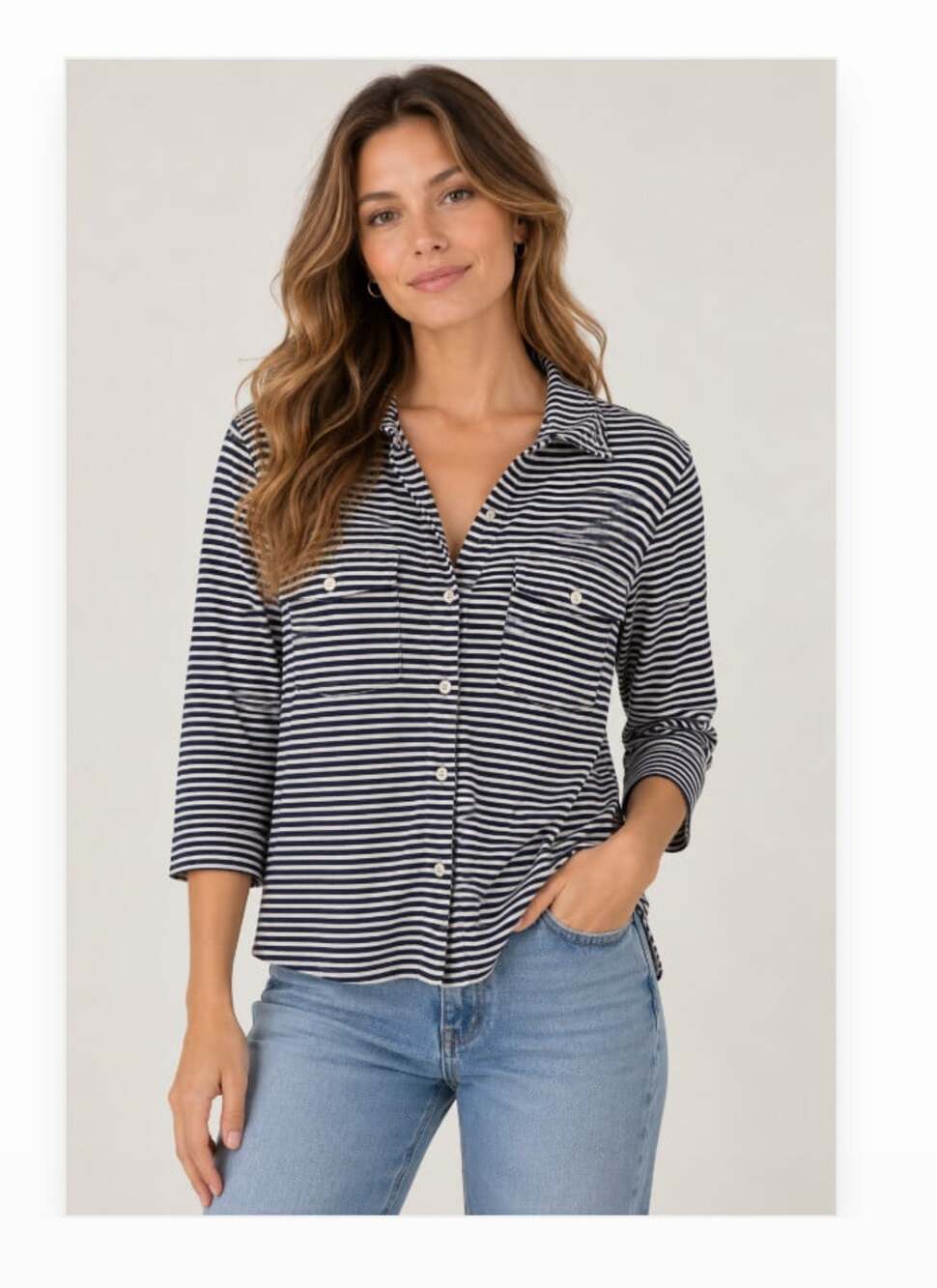 J. McLaughlin Shirt Womens Medium Blue Stripe 3/4 Sleeve Button Front Top